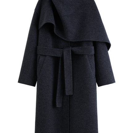 DUSHU Double-faced Wool Coat Detachable Scarf Collar Korean Style Thickened Woolen Long Overcoat for Winter Commute