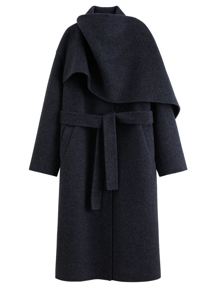 DUSHU Double-faced Wool Coat Detachable Scarf Collar Korean Style Thickened Woolen Long Overcoat for Winter Commute