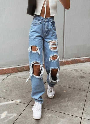 Jeans in denim effetto consumato da donna Pantaloni a tubo larghi casual dritti con foro strappato Street Style