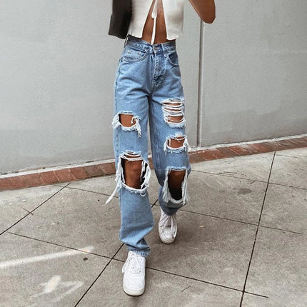 Jeans in denim effetto consumato da donna Pantaloni a tubo larghi casual dritti con foro strappato Street Style