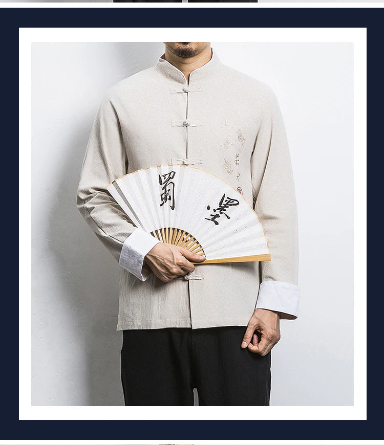 Camicie a maniche lunghe da uomo Ricamo tradizionale in cotone e lino Casual Tang Suit Cardigan da uomo Camicette Kung Fu retrò stile cinese da uomo