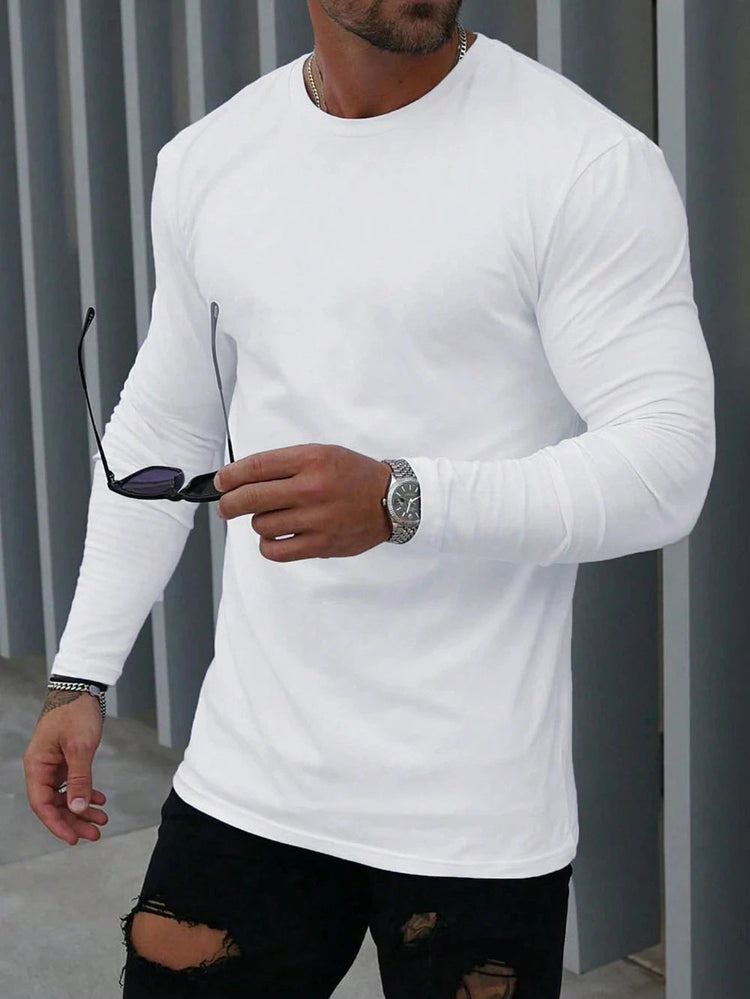 Men's Solid Color Casual Crew Neck Long Sleeve T-Shirt, Casual Comfortable Pure Cotton High-Quality Unisex Fitness T-Shirt PlatiNum