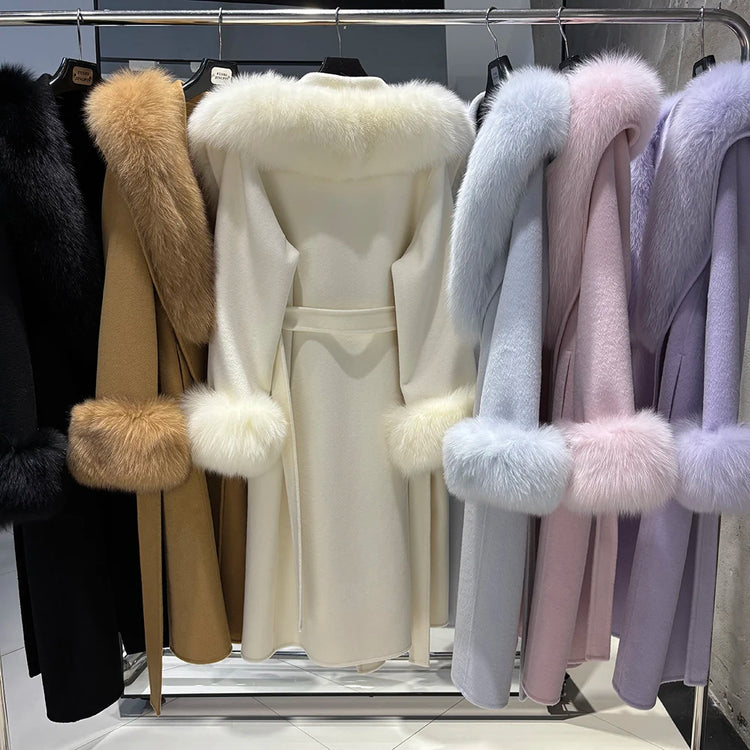YOLOAgain Women's 100% Wool Coat Long With Detachable Real Fox Fur Collar 2025 Autumn Elegant Double-Sided Wool Coat