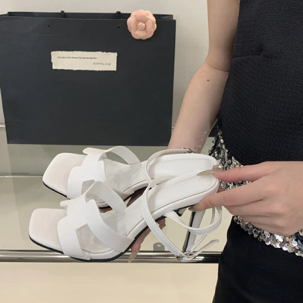 Alionly 2026 New Summer Fashion Open Toe Sandals Women Metal Buckle Narrow Band Thin Low Heel Gladiator Party Shoes