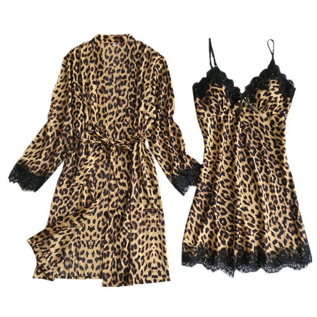 Luxury Satin and Lace Leopard Print Chemise Set - Two-Piece Sexy Nightwear with Matching Robe
