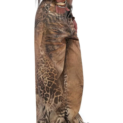 Jeans Larghi da Donna Stile Retrò Americano Y2K 2026 con Stampa Leopardata 3D, Pantaloni a Gamba Larga Vestibilità Comoda