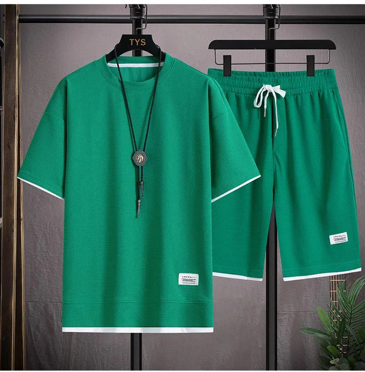 Waffle manica corta e pantaloncini estivi da uomo in due pezzi tuta sportiva Casual da uomo comodi pantaloncini freschi Set oversize platinumshop