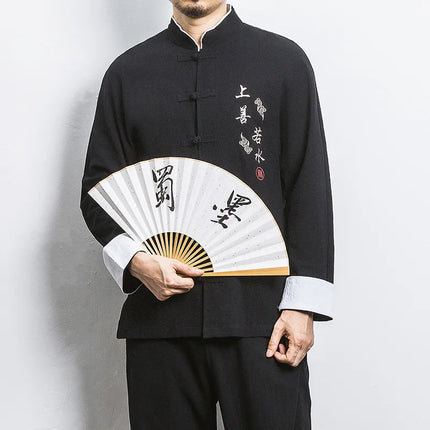 Camicie a maniche lunghe da uomo Ricamo tradizionale in cotone e lino Casual Tang Suit Cardigan da uomo Camicette Kung Fu retrò stile cinese da uomo