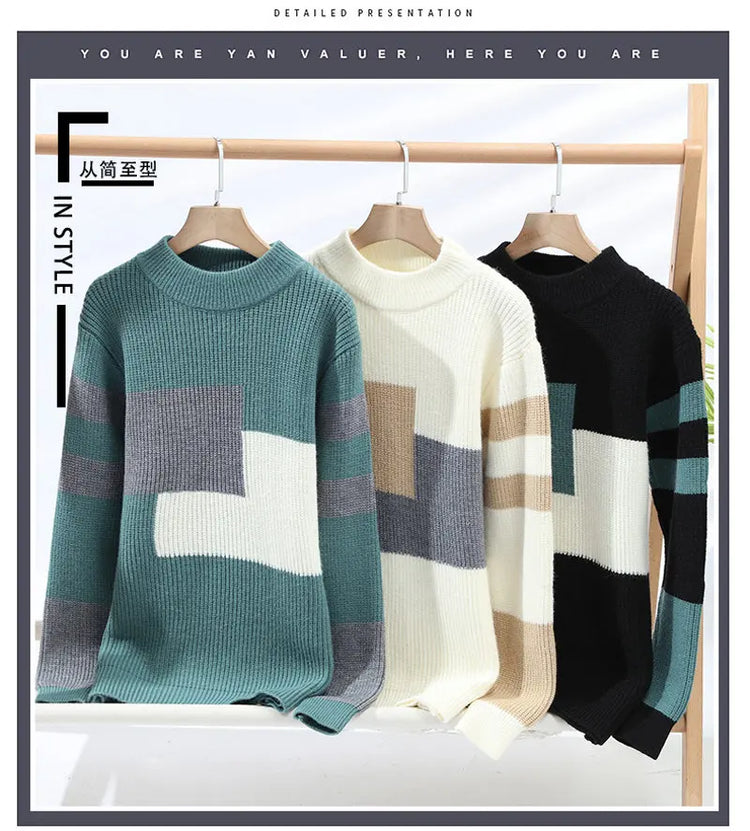 Winter Fashion Sweater Men Patchwork Casual Knit Pullovers Mens Thick Warm Harajuku Loose Knitted Sweaters O-Neck Streetwear Man