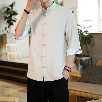 Nuovo gru ricamo top abbigliamento tradizionale cinese per uomo camicie vintage in lino a mezza manica colletto Madarin solido Hanfu Kungfu