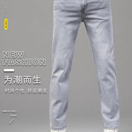 Summer Thin Men's Elastic Cotton Jeans Fashion Gray Comfortable Business Straight Casual Pants Brand Male Clothes Trousers PlatiNum