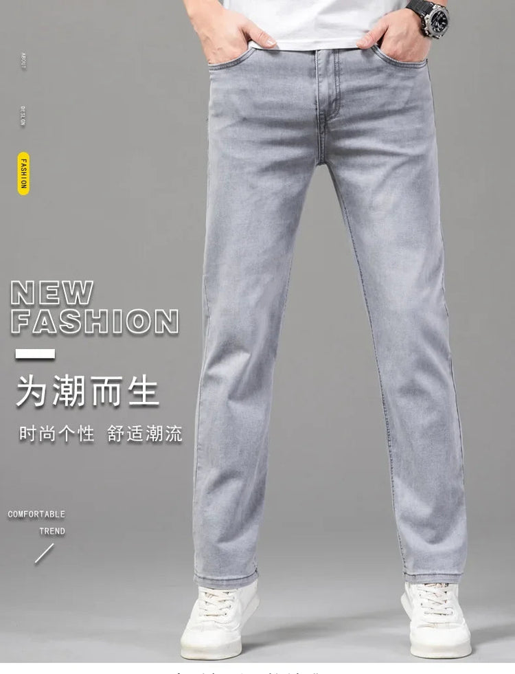 Summer Thin Men's Elastic Cotton Jeans Fashion Gray Comfortable Business Straight Casual Pants Brand Male Clothes Trousers PlatiNum