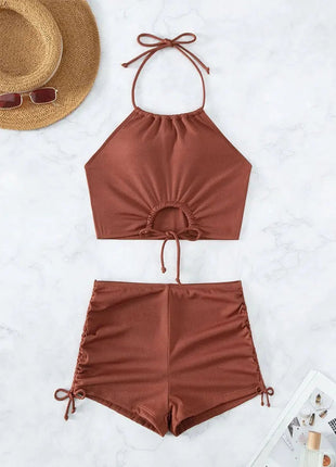 Bikini sexy a vita alta con lacci, set due pezzi da donna, costume da bagno sdoppiato, bikini da spiaggia, nuovo, per tutte le stagioni, tinta unita, senza schienale PlatiNum