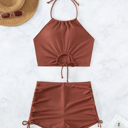 Bikini sexy a vita alta con lacci, set due pezzi da donna, costume da bagno sdoppiato, bikini da spiaggia, nuovo, per tutte le stagioni, tinta unita, senza schienale PlatiNum