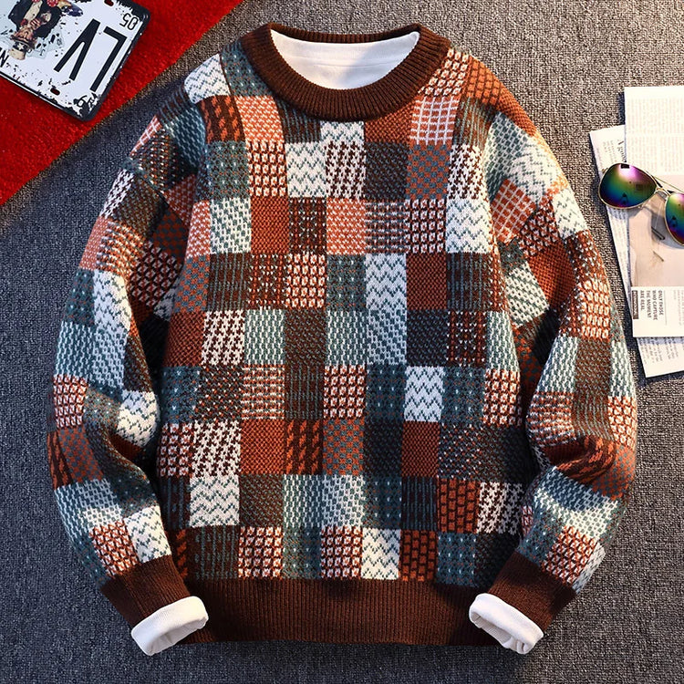 New Fashion Men Plaid Pullover Winter Sweaters Outwear Loose Casual Knitted Sweaters Male O-neck Pullovers Sweatercoats Size 4XL