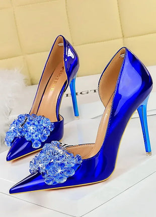 BIGTREE Scarpe con fiocco in strass Décolleté da donna Scarpe da banchetto di lusso Tacchi alti sexy Scarpe da festa con tacco a spillo da donna di grandi dimensioni 41 42 43