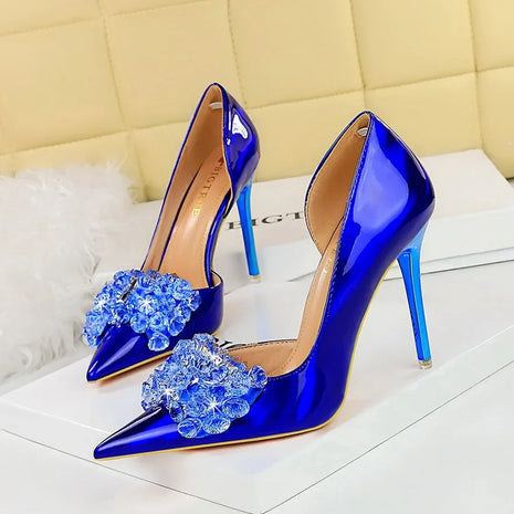 BIGTREE Scarpe con fiocco in strass Décolleté da donna Scarpe da banchetto di lusso Tacchi alti sexy Scarpe da festa con tacco a spillo da donna di grandi dimensioni 41 42 43