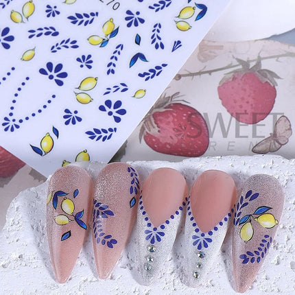 3/5pcs 3D Blue Fruit Bohemian Nail Sticker Cartoon Lemon Orange French Floral Petals Lines Leaves DIY Summer Manicure Decoration