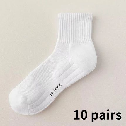 10 paires de chaussettes HLHYX pour homme en coton déodorant, à fond en éponge, mi-mollet, blanches, épaissies, pour le sport et le basket-ball