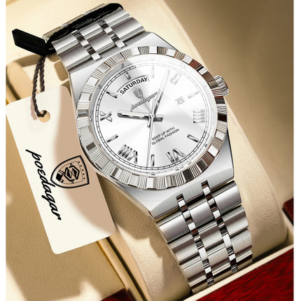 POEDAGAR Fashion Male Clock Luminous Waterproof Week Date Creative Men Watch Stainless Steel Quartz Business Men's Watches Reloj