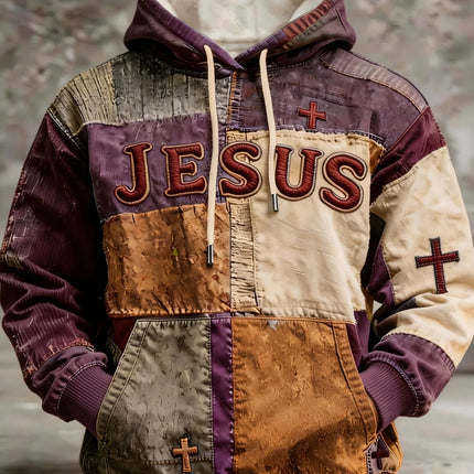 Mens Multi Color Patchwork Hoodie Soft Lined Raised Embroidery Slogan Small Cross Accent Minimal Casual Sweat Top
