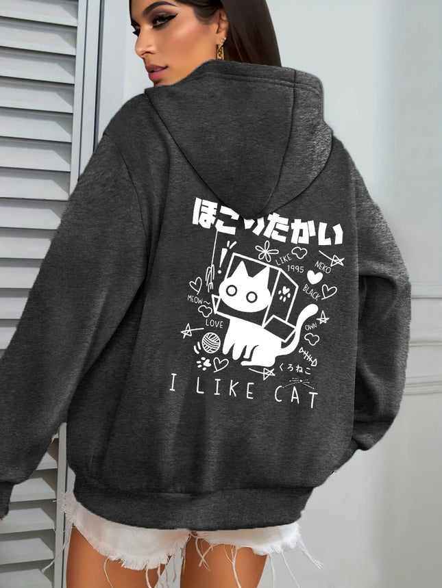 I Like Cat Heart Box Cat Print Women Hoody Autumn Fleece Hoodies Jogging Loose Streetwear Casual All-Match Female Hoodie