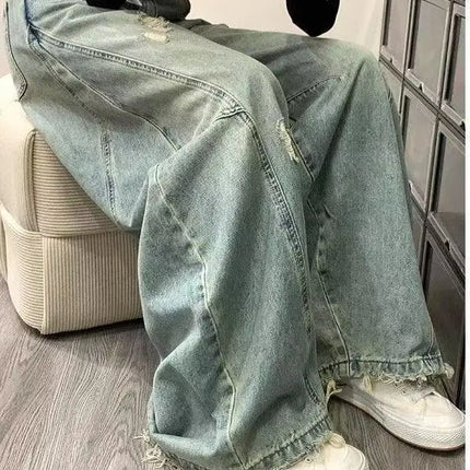 Jeans Vintage a Vita Alta con Effetto Invecchiato per Donna, Pantaloni Larghi a Gamba Dritta e Lunga per Primavera e Autunno