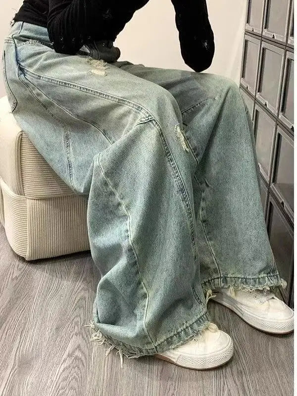 Jeans Vintage a Vita Alta con Effetto Invecchiato per Donna, Pantaloni Larghi a Gamba Dritta e Lunga per Primavera e Autunno