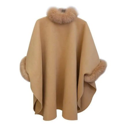 S-5XL Winter Warm Fashion Cloak Horn Buckle Woolen Poncho Capes Women Faux Rabbit Fur Dolman Sleeves Loose Long Cappa Coat