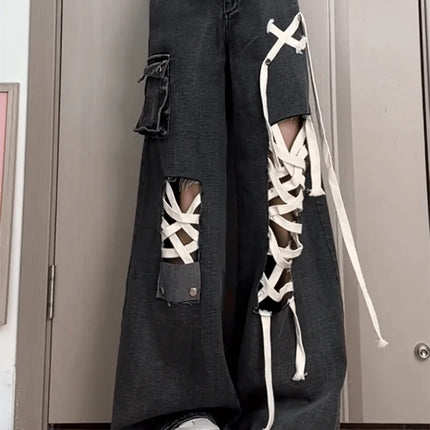 Estate allentata a figura intera Street Lace-Up scava fuori pantaloni a gamba larga femminili American Simple Washed Distressed Fashion Jeans da donna