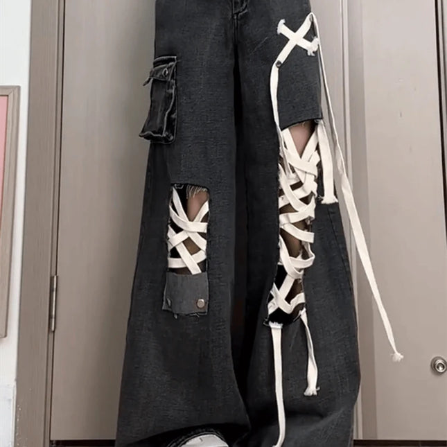 Estate allentata a figura intera Street Lace-Up scava fuori pantaloni a gamba larga femminili American Simple Washed Distressed Fashion Jeans da donna