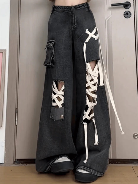 Summer Loose Full-Length Street Lace-Up Hollow Out Wide-Leg Pants Women's American Simple Washed Distressed Fashion Women's Jeans