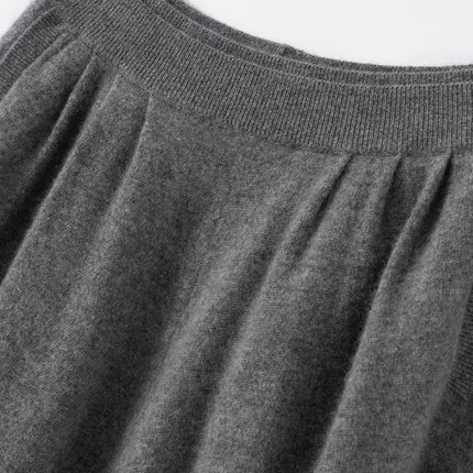 New Women's 100% Pure Cashmere Knitted Full Skirt Autumn Winter High Waisted Mid-calf Ankle-Length Soild Dress Versatile Elegant PlatiNum