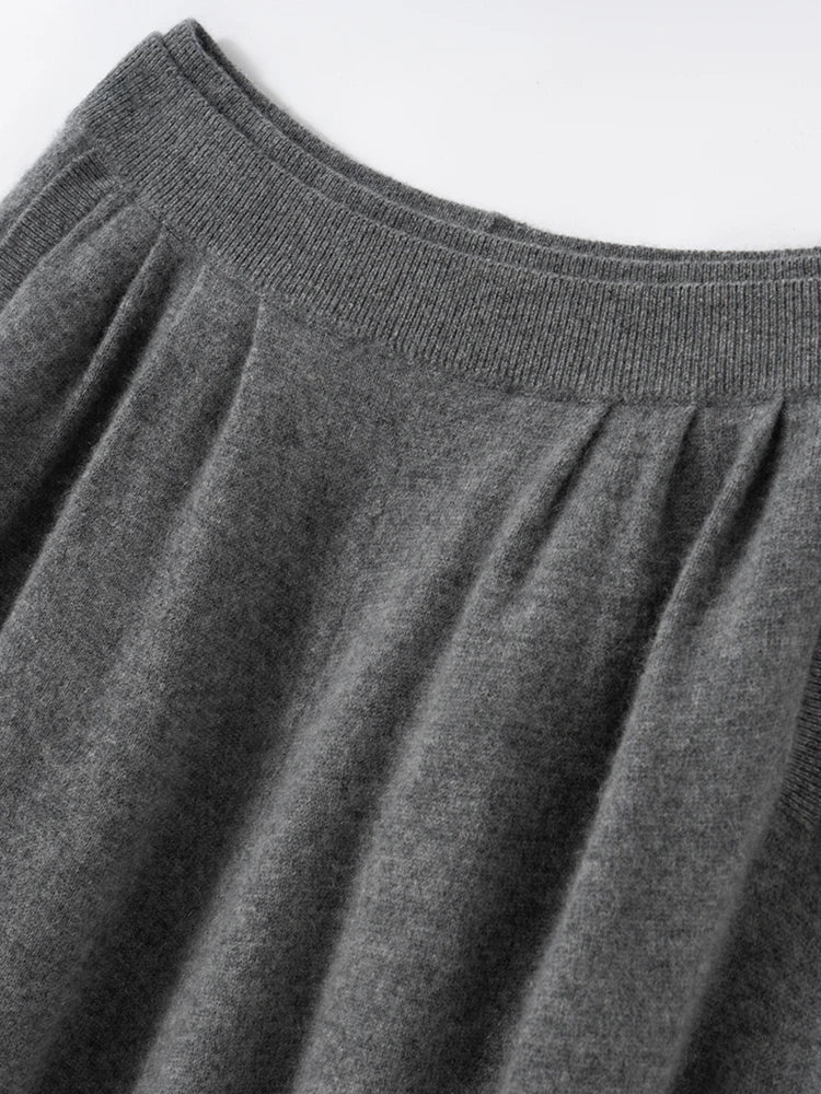 New Women's 100% Pure Cashmere Knitted Full Skirt Autumn Winter High Waisted Mid-calf Ankle-Length Soild Dress Versatile Elegant PlatiNum