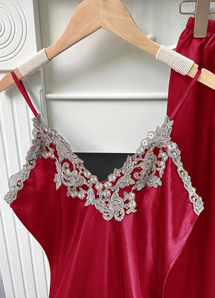 Set da notte in raso da 5 pezzi abito sottoveste in pizzo Cami Top pantaloncini con volant pantaloni da salotto pigiameria da notte da donna