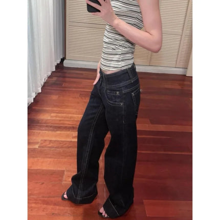 Jeans a gamba larga americani retrò a vita bassa da donna estate autunno pantaloni larghi drappeggiati alti lunghezza estesa pantaloni a gamba larga per ragazze calde