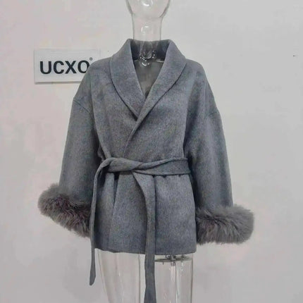 UCXQ Elegant OL Office Lady Overcoats Fur Patchwork Long Sleeve Woolen Coat Beautiful Women's Clothing Jacket Autumn 2025 Winter