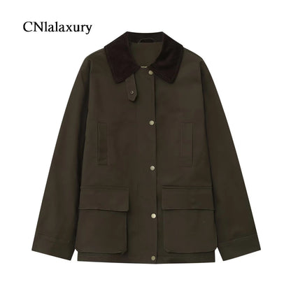CNlalaxury Women 2025 Autumn New Fashion Contrast Collar Long Sleeve Jacket Casual Warm Coat High Street Outerwear Mujer