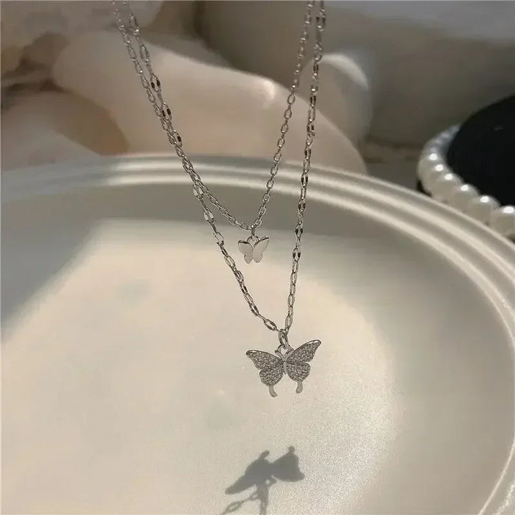 Silver Butterfly Necklace Women Crystal Zircon Pendant Necklace for Women Girl Crystal Chain Necklace Party Jewelry PlatiNum