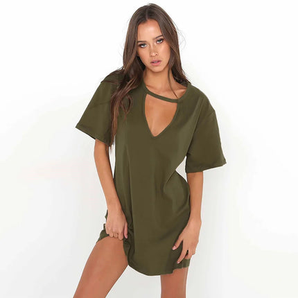 Sexy Summer Dress Deep V Neck Pleated Women Dress Hollow Out Solid Color Hanging Neck White Mini Dress