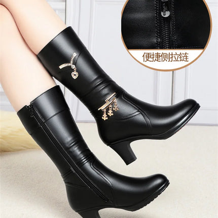 Women Comfortable Fleece Medium Boots Autumn Winter New Style Thick Heel Side Zipper Pointed Fashion High Heels Boots Elegant