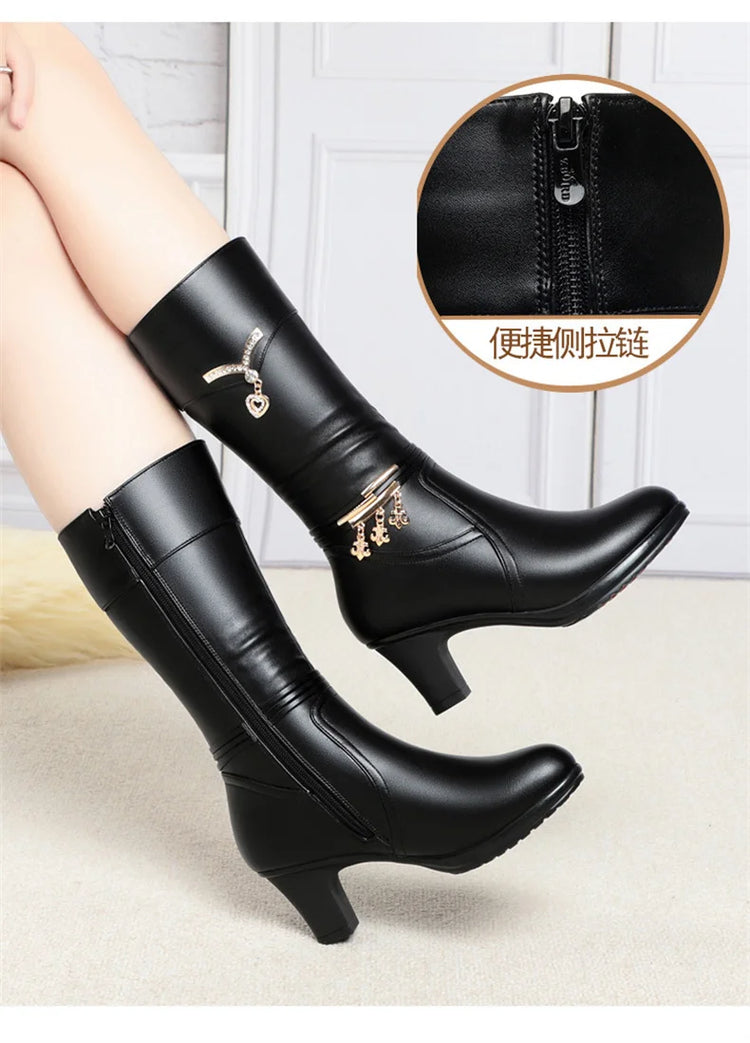 Women Comfortable Fleece Medium Boots Autumn Winter New Style Thick Heel Side Zipper Pointed Fashion High Heels Boots Elegant