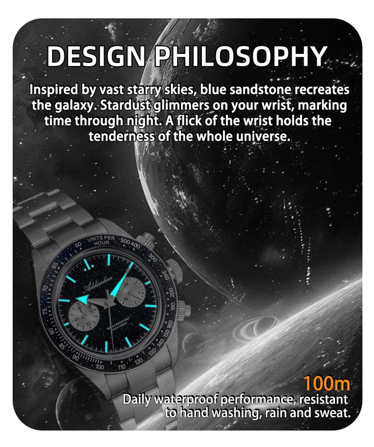 ADDIESDIVE Mens Quartz Chronograph Watch VK64 Movement 40mm Stainless Steel K1 Bubble Crystal BGW9 Lume 100M Water Resistant