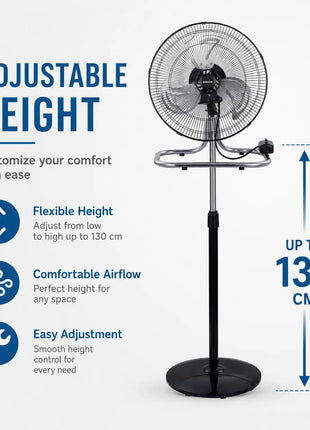 Ventilatore in metallo 50W 3 in 1 regolabile in altezza, da pavimento, tavolo e parete, fino a 130 cm, per uso domestico