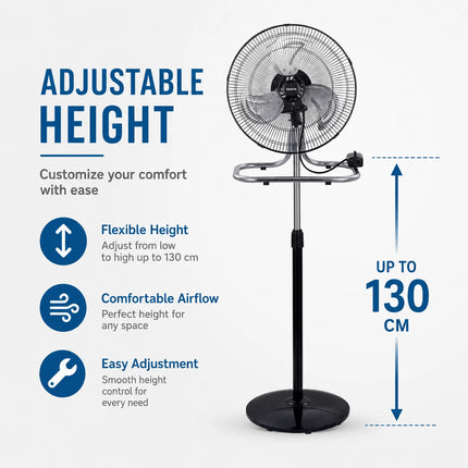 Ventilatore in metallo 50W 3 in 1 regolabile in altezza, da pavimento, tavolo e parete, fino a 130 cm, per uso domestico