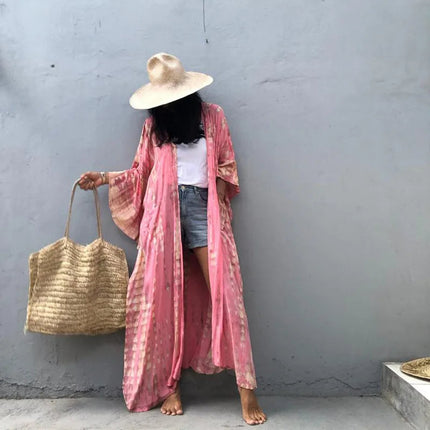 Costume da bagno donna copricostume lungo Kimono da spiaggia orlo curvo allentato aperto davanti Tie Dye abbigliamento da spiaggia platinumshop
