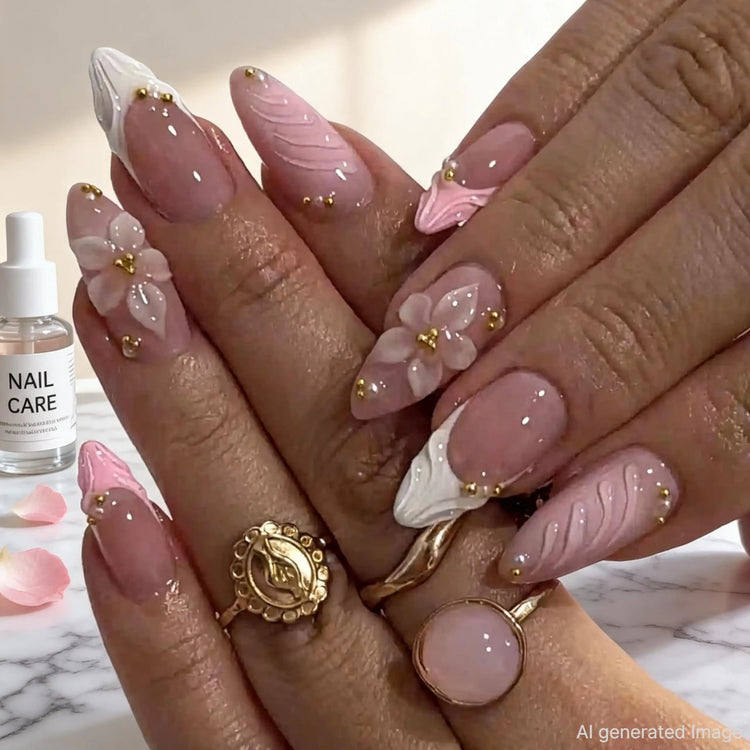 24pcs Pink Flower Almond Press on Nails Kawaii False Nails Wearable Stick-on Nails Fake Nail Uñas Postizas Накладные Ногти 네일팁2028