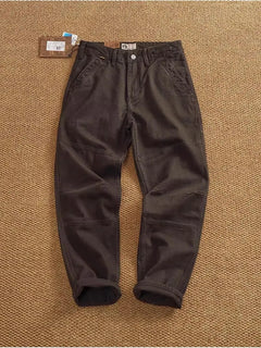 Retro heavy simple cargo pants men's loose straight leg casual pants pure cotton twill woven 3D vertical cut cone pants