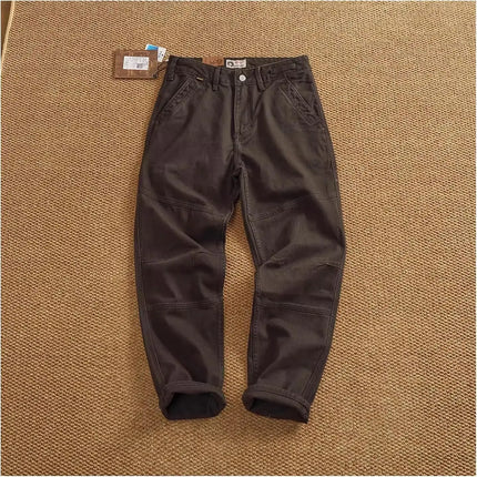 Retro heavy simple cargo pants men's loose straight leg casual pants pure cotton twill woven 3D vertical cut cone pants
