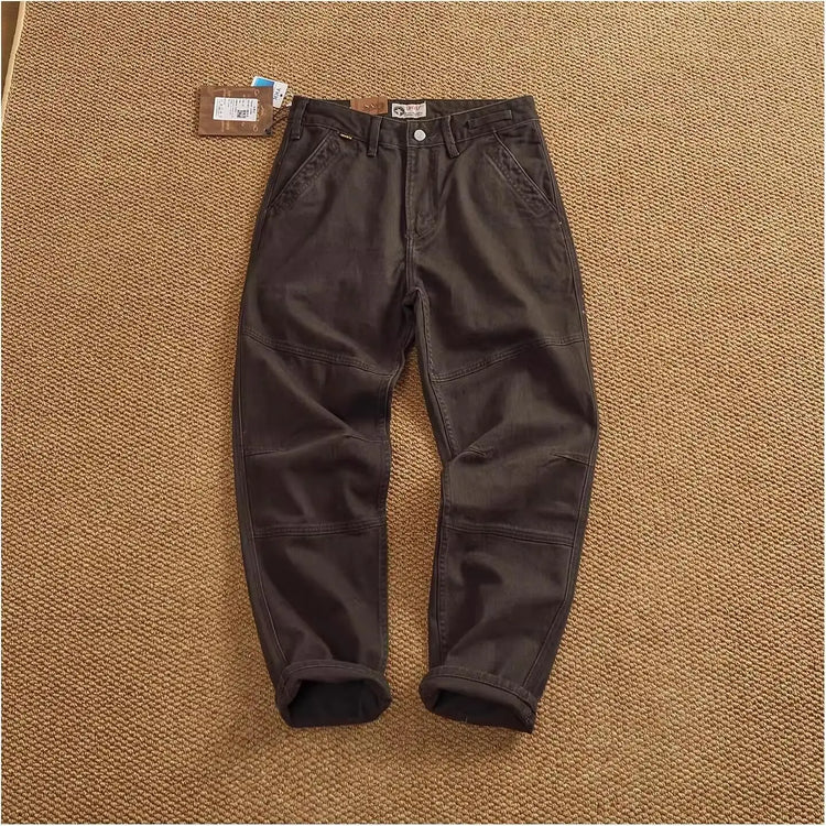 Retro heavy simple cargo pants men's loose straight leg casual pants pure cotton twill woven 3D vertical cut cone pants